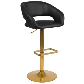 Flash Furniture Contemporary Black Vinyl Adjustable Height Barstool With Rounded Mid-Back And Gold Base