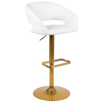 Flash Furniture Contemporary White Vinyl Adjustable Height Barstool With Rounded Mid-Back And Gold Base