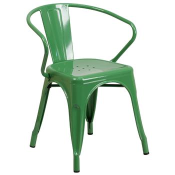 Flash Furniture Commercial Grade Metal Indoor/Outdoor Chair with Arms, Green