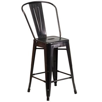 Flash Furniture Indoor/Outdoor Counter Height Stool with Back, Metal, Black/Antique Gold, 24 in H