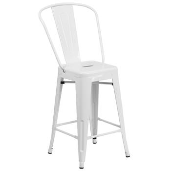 Flash Furniture Indoor/Outdoor Counter Height Stool with Back, Metal, White, 24 in H