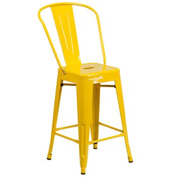 Flash Furniture Indoor/Outdoor Counter Height Stool with Back, Metal, Yellow, 24 in H
