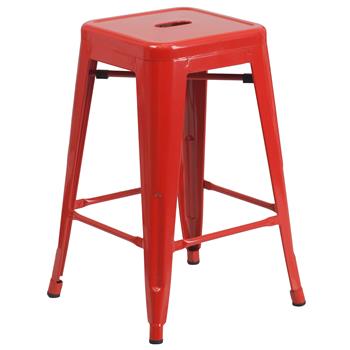 Flash Furniture Backless Indoor/Outdoor Counter Height Stool with Square Seat, Metal, Red, 24 in H
