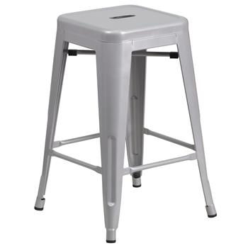 Flash Furniture Backless Indoor/Outdoor Counter Height Stool with Square Seat, Metal, Silver, 24 in H