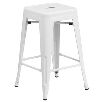 Flash Furniture Backless Indoor/Outdoor Counter Height Stool with Square Seat, Metal, White, 24 in H