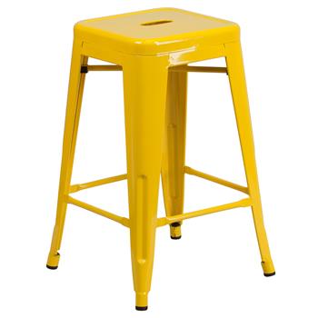 Flash Furniture Backless Indoor/Outdoor Counter Height Stool with Square Seat, Metal, Yellow, 24 in H