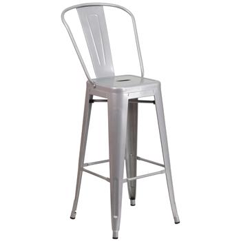 Flash Furniture Indoor/Outdoor Barstool with Back, Metal, Silver, 30 in H