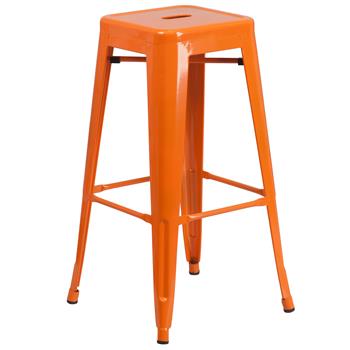 Flash Furniture Backless Indoor/Outdoor Barstool with Square Seat, Metal, Orange, 30 in H