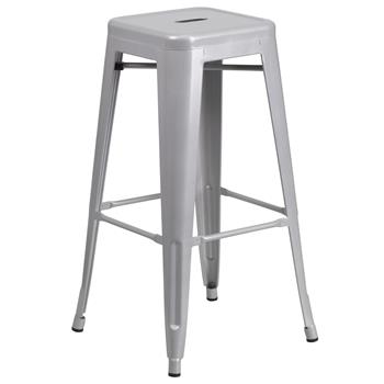 Flash Furniture Backless Indoor/Outdoor Barstool with Square Seat, Metal, Silver, 30 in H