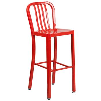 Flash Furniture 30 in High Red Metal Indoor/Outdoor Barstool with Vertical Slat Back, 30 in H, Metal, Red