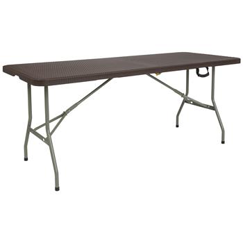Flash Furniture Bi-Fold Rattan Plastic Folding Table, 6&#39;, Brown