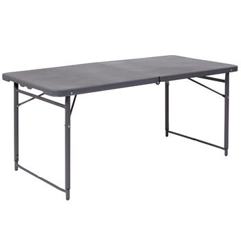 Flash Furniture Height Adjustable Bi-Fold Plastic Folding Table With Carrying Handle, 4&#39;, Dark Gray