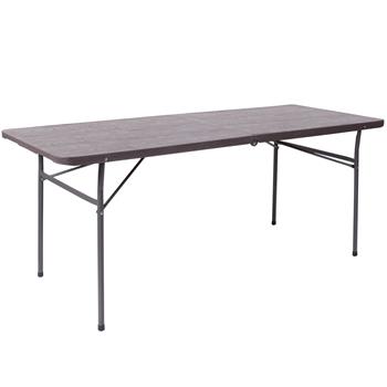 Flash Furniture Bi-Fold Wood Grain Plastic Folding Table With Carrying Handle, 6&#39;, Brown