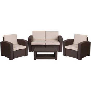 Flash Furniture 4 Piece Outdoor Chair, Loveseat and Table Set, Faux Rattan, Chocolate Brown