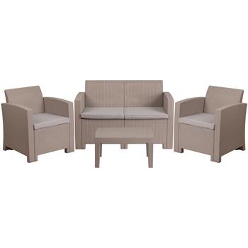 Flash Furniture 4 Piece Outdoor Chair, Loveseat and Table Set, Faux Rattan, Light Gray