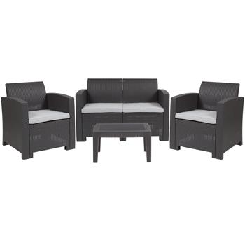 Flash Furniture 4 Piece Outdoor Faux Rattan Chair, Loveseat and Table Set, Dark Gray
