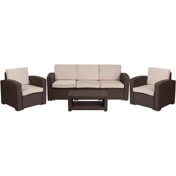 Flash Furniture 4 Piece Outdoor Faux Rattan Chair, Sofa And Table Set, Chocolate Brown