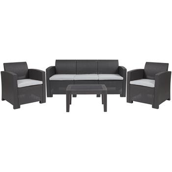 Flash Furniture 4 Piece Outdoor Chair, Sofa and Table Set, Faux Rattan, Dark Gray