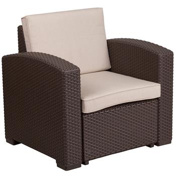 Flash Furniture Chair with All-Weather Beige Cushion, Faux Rattan, Chocolate Brown