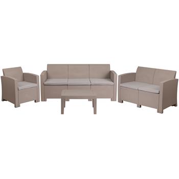 Flash Furniture 4 Piece Outdoor Chair, Loveseat, Sofa and Table Set, Faux Rattan, Light Gray