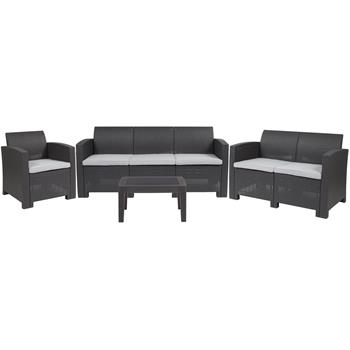 Flash Furniture 4 Piece Outdoor Chair, Loveseat, Sofa and Table Set, Faux Rattan, Dark Gray