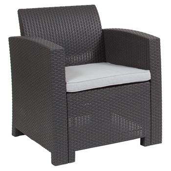 Flash Furniture Dark Gray Faux Rattan Chair With All-Weather Light Gray Cushion