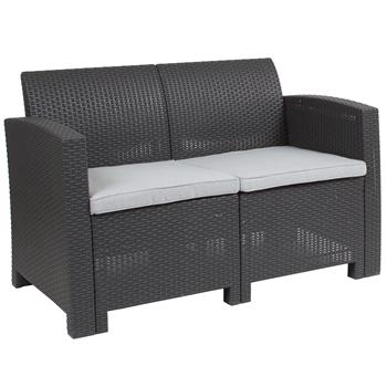 Flash Furniture Dark Gray Faux Rattan Loveseat with All-Weather Light Gray Cushions