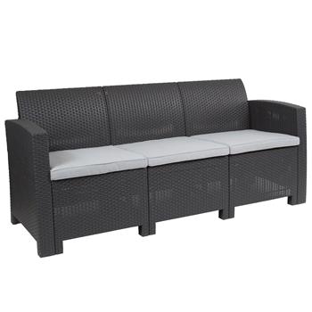 Flash Furniture Dark Gray Faux Rattan Sofa With All-Weather Light Gray Cushions