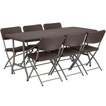 Flash Furniture Rattan Indoor/Outdoor Plastic Folding Table Set, 67.5&quot;L x 32.5&quot;W, Brown