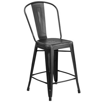 Flash Furniture Indoor/Outdoor Counter Height Stool with Back, Metal, Distressed Black, 24 in H