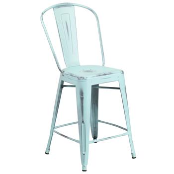 Flash Furniture Indoor/Outdoor Counter Height Stool with Back, Metal, Distressed Green/Blue, 24 in H
