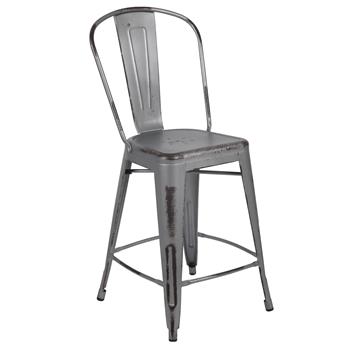 Flash Furniture Commercial Grade 24&quot; High Distressed Silver Gray Metal Indoor/Outdoor Counter Height Stool With Back