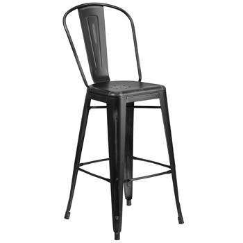 Flash Furniture Commercial Grade 30 in High Distressed Black Metal Indoor/Outdoor Barstool with Back