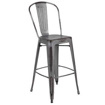 Flash Furniture Commercial Grade 30&quot; High Distressed Silver Gray Metal Indoor/Outdoor Barstool With Back