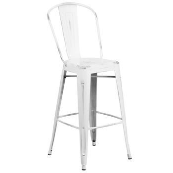 Flash Furniture Indoor/Outdoor Barstool with Back, Metal, Distressed White, 30 in H