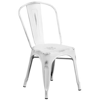 Flash Furniture Commercial Grade Distressed White Metal Indoor/Outdoor Stackable Chair