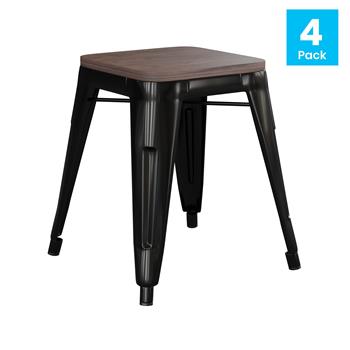 Flash Furniture 18&quot; Backless Table Height Stool with Wooden Seat, Stackable, Black Metal, Commercial Grade, Set of 4