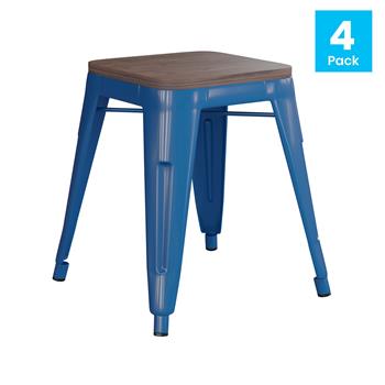 Flash Furniture 18&quot; Backless Table Height Stool with Wooden Seat, Stackable, Royal Blue Metal, Commercial Grade, Set of 4