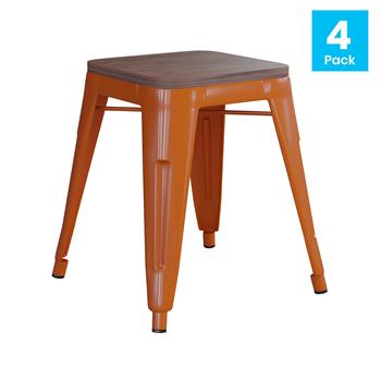 Flash Furniture 18&quot; Backless Table Height Stool with Wooden Seat, Stackable, Orange Metal, Commercial Grade, Set of 4