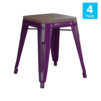Flash Furniture 18&quot; Backless Table Height Stool with Wooden Seat, Stackable, Purple Metal, Commercial Grade, Set of 4