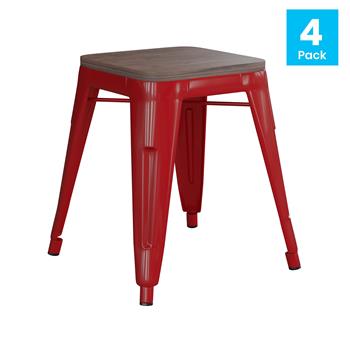 Flash Furniture 18&quot; Backless Table Height Stool with Wooden Seat, Stackable, Red Metal, Commercial Grade, Set of 4