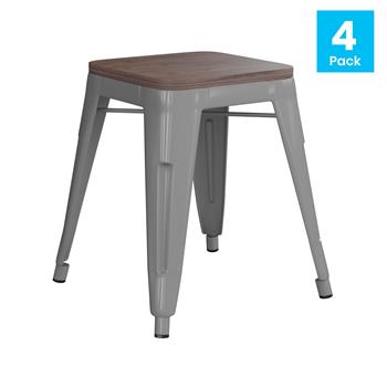 Flash Furniture 18&quot; Backless Table Height Stool with Wooden Seat, Stackable, Silver Metal, Commercial Grade, Set of 4