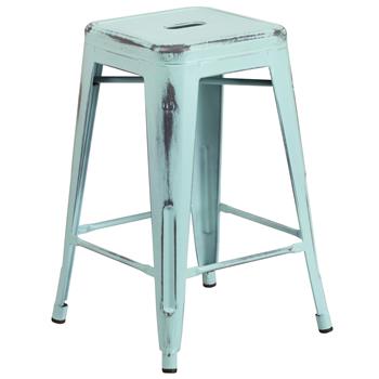 Flash Furniture Backless Indoor/Outdoor Counter Height Stool, Metal, Distressed Green/Blue, 24 in H