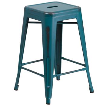Flash Furniture Backless Indoor/Outdoor Counter Height Stool, Metal, Distressed Kelly Blue/Teal, 24 in H