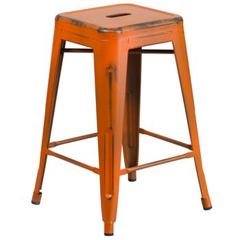 Flash Furniture 24 in Distressed Orange Metal Indoor/Outdoor Stool