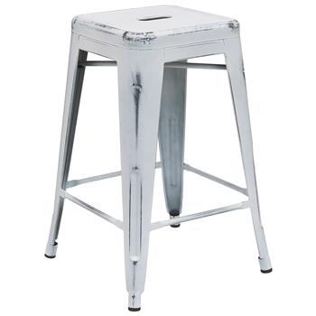 Flash Furniture Backless Indoor/Outdoor Counter Height Stool, Metal, Distressed White, 24 in H