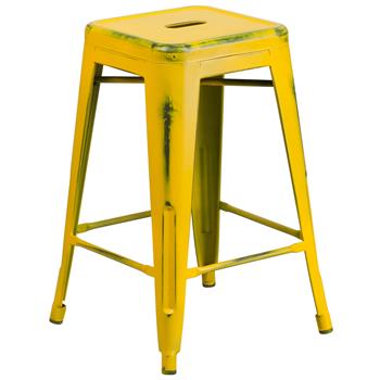 Flash Furniture 24 in Distressed Yellow Metal Indoor/Outdoor Stool