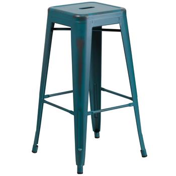 Flash Furniture Backless Indoor/Outdoor Barstool, 30 in H, Metal, Distressed Kelly Blue/Teal