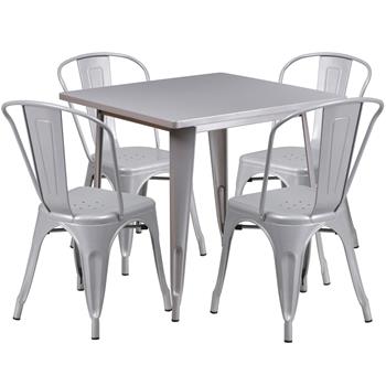 Flash Furniture 31.5 in Square Metal Indoor/Outdoor Table Set with 4 Stack Chairs, Silver