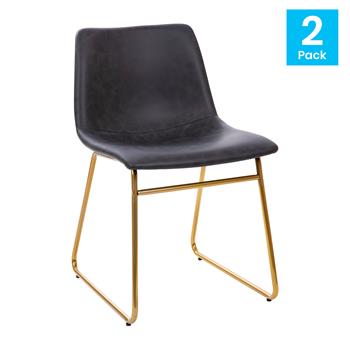 Flash Furniture 18&quot; Dining Table Height Chair, Mid-Back Sled Base, Dark Gray Leathersoft with Gold Frame, Set of 2